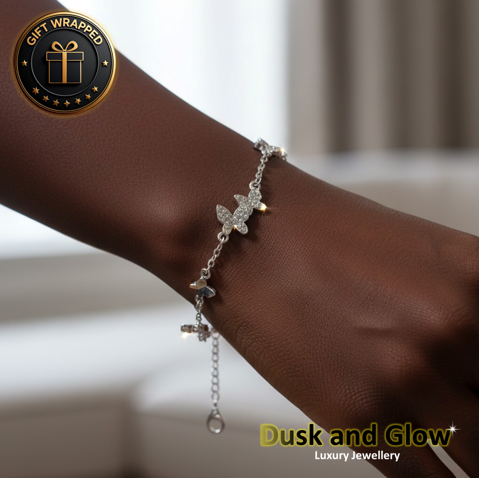 Silver Butterfly Charm Bracelet Cubic Zirconia Women Girls Jewellery Gift NEW UK2