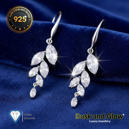 Crystal Leaf Drop Earrings Solid 925 Sterling Silver Luxury Girls Womens Gift UK0