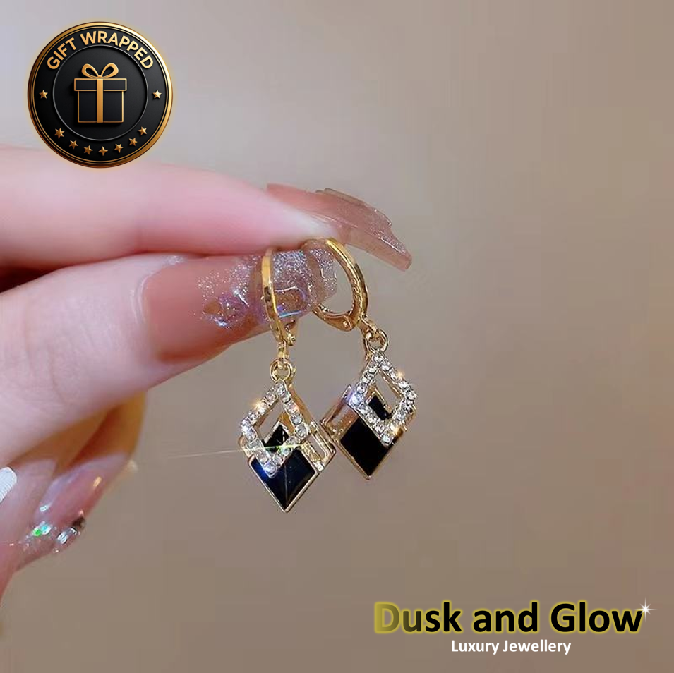 Gold Black CZ Dangle Drop Earrings Pendant Ladies Girls Jewellery Gift UK NEW1