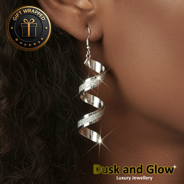 Luxury Silver Dangle Drop Earrings Statement Frosted Spiral Design Gift Wrapped0