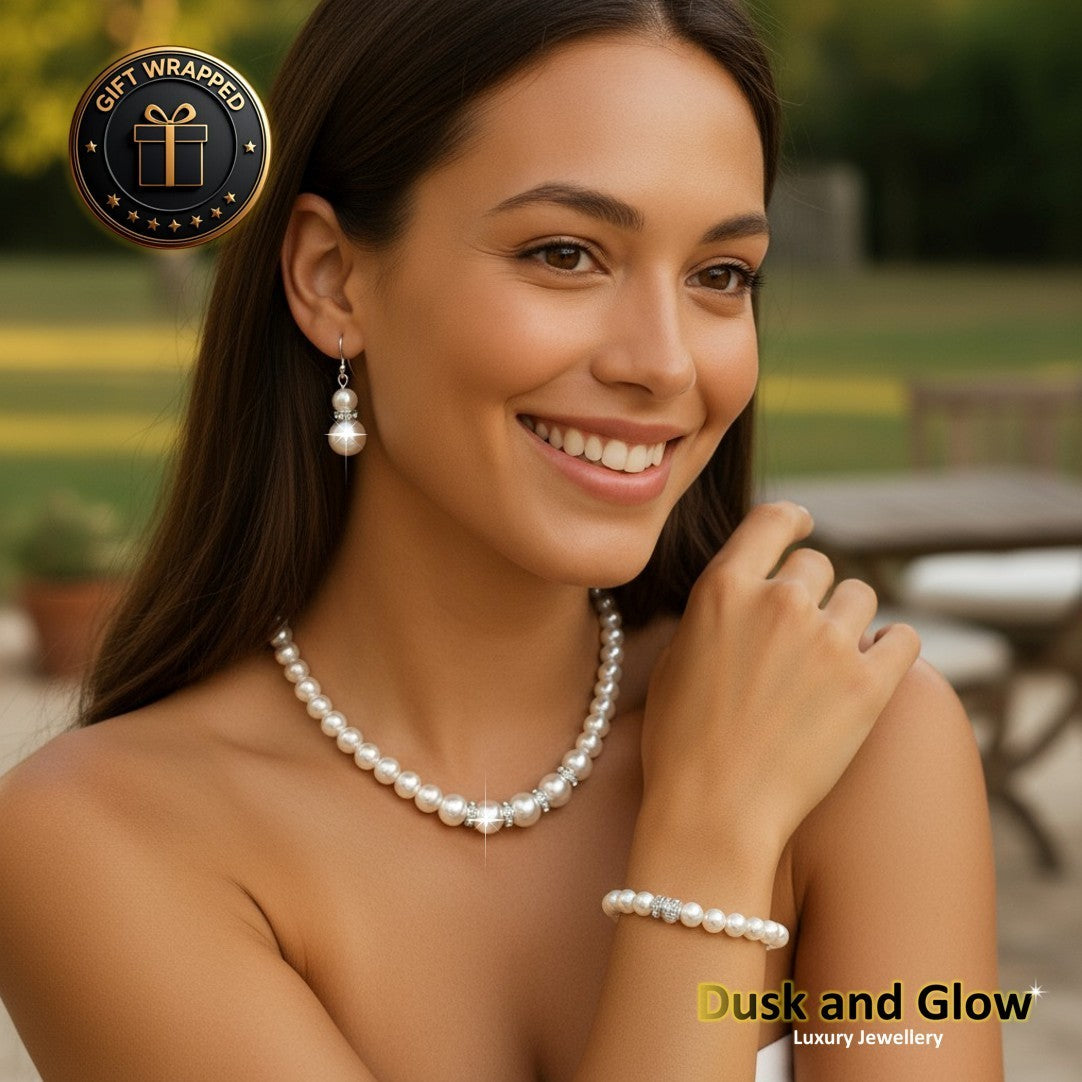 UK Women Ladies Faux Pearl Jewelry Necklace Bracelet Earrings Set Wedding Gift1