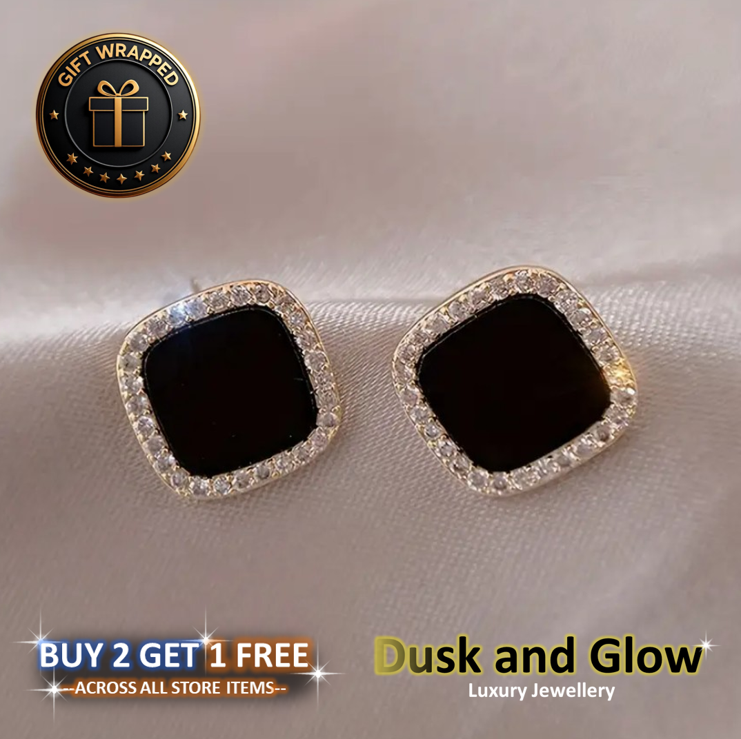 Silver Black Square Stud Earrings Women Ladies Girl Jewellery Gift UK NEW1