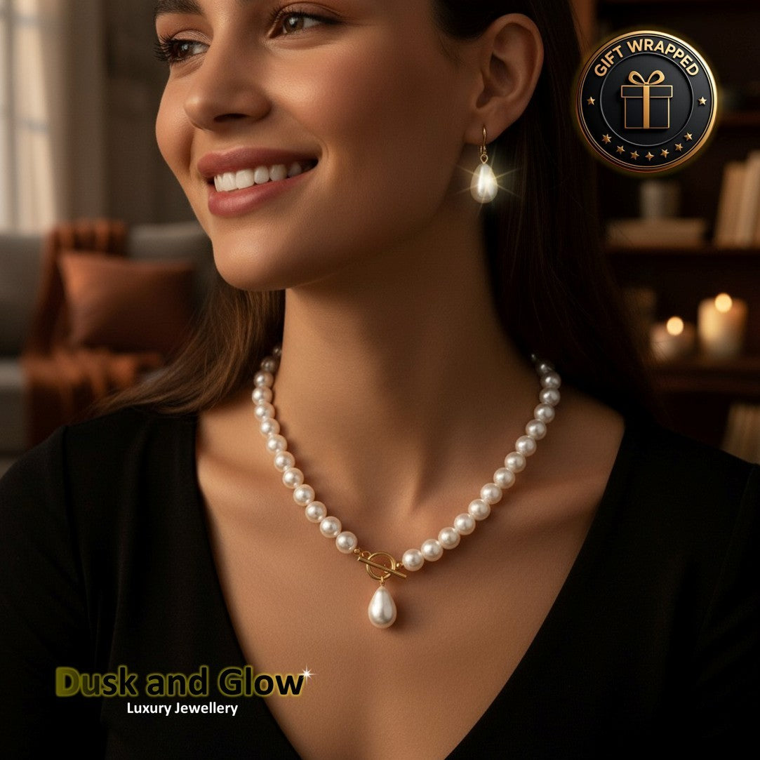 UK Women Ladies Faux Pearl Jewelry Necklace Drop Hoop Earrings Set Wedding Gift3