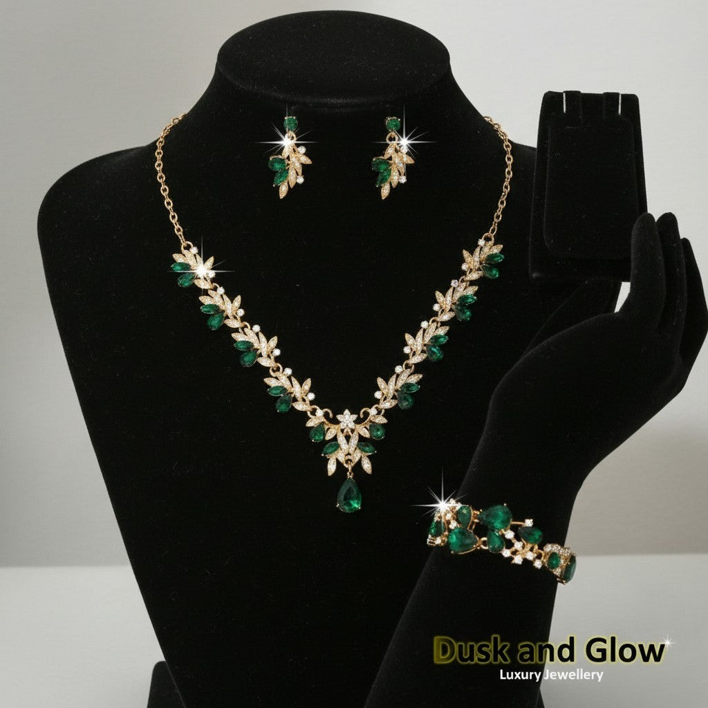 Women Ladies Jewellery Gift Set Necklace Earrings Green Rhine Stone UK BRAND NEW3
