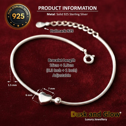 Solid 925 Sterling Silver Heart Charm Snake Bracelet Luxury Women Gift UK NEW6