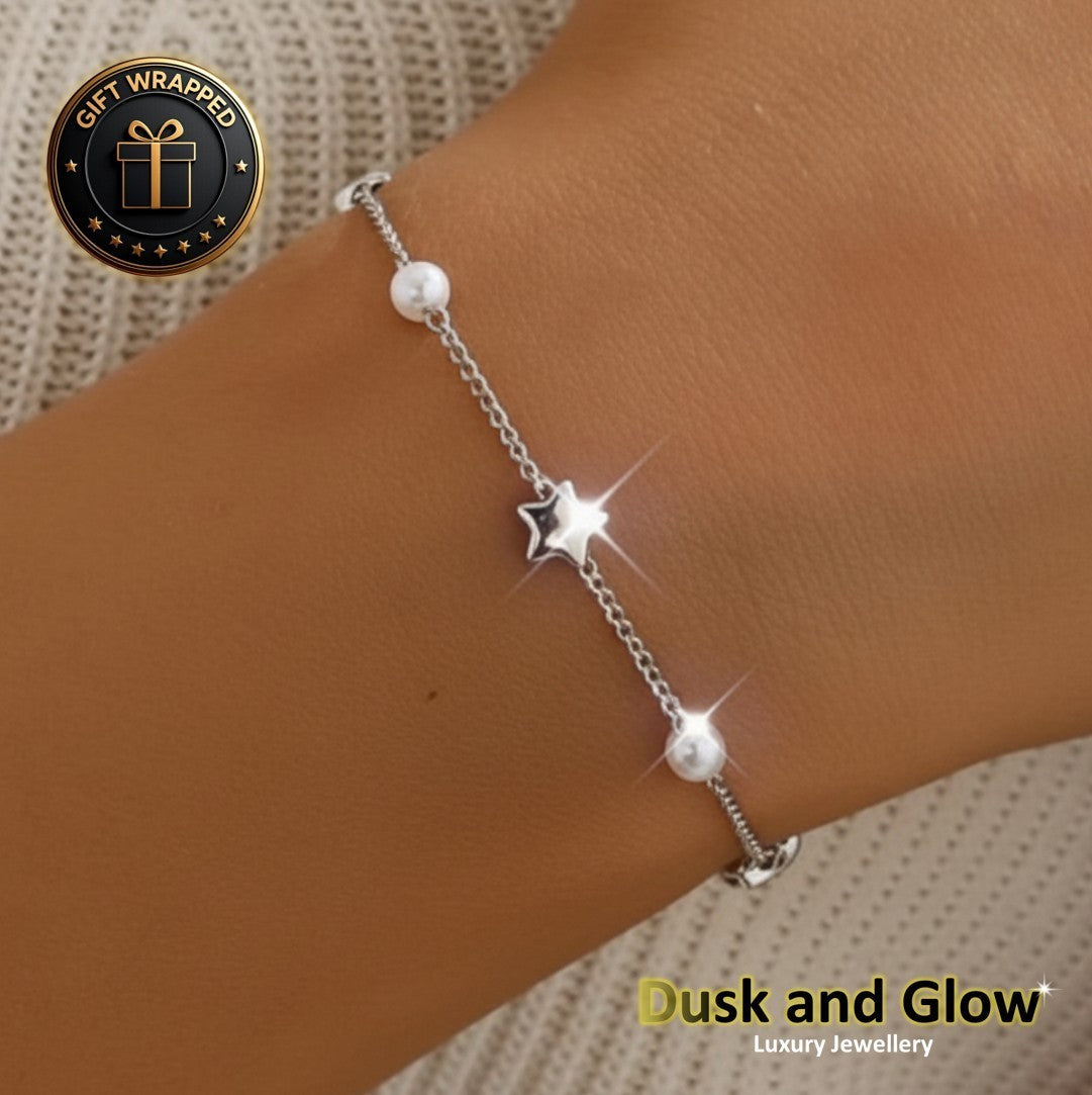 Silver Charm Bracelet Faux Pearl Chain Minimalist Womens Girls Jewellery Gift UK0