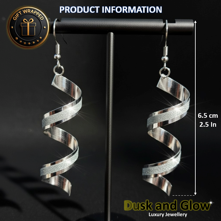 Luxury Silver Dangle Drop Earrings Statement Frosted Spiral Design Gift Wrapped3