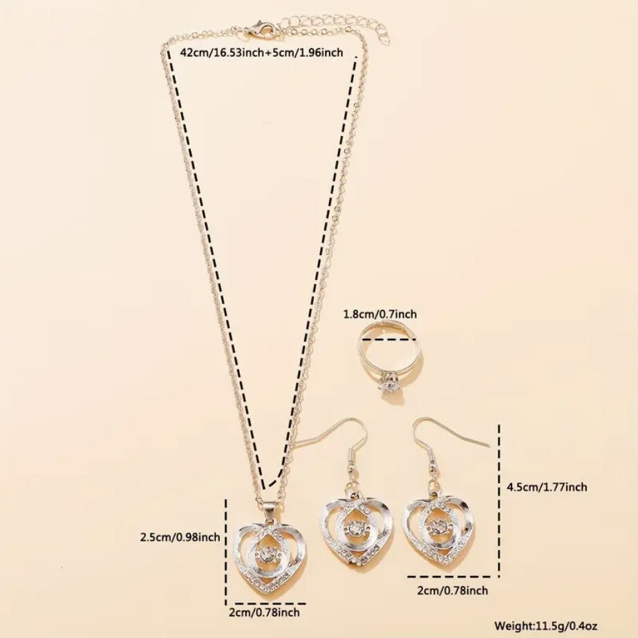 Love Heart Womens Jewellery Gift Set 4PC Necklace Drop Earrings Ring Wedding UK1