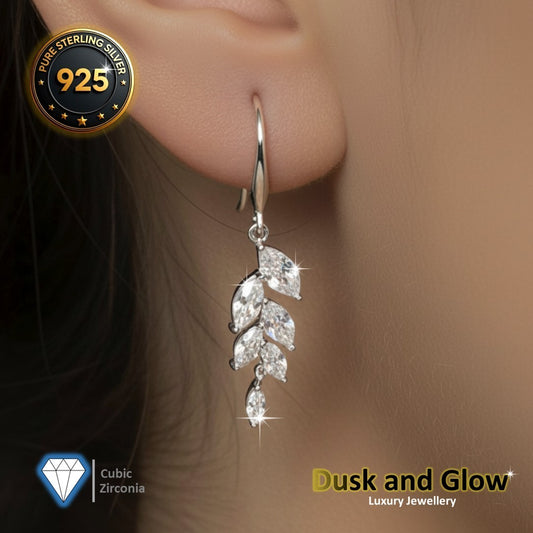 Crystal Leaf Drop Earrings Solid 925 Sterling Silver Luxury Girls Womens Gift UK1