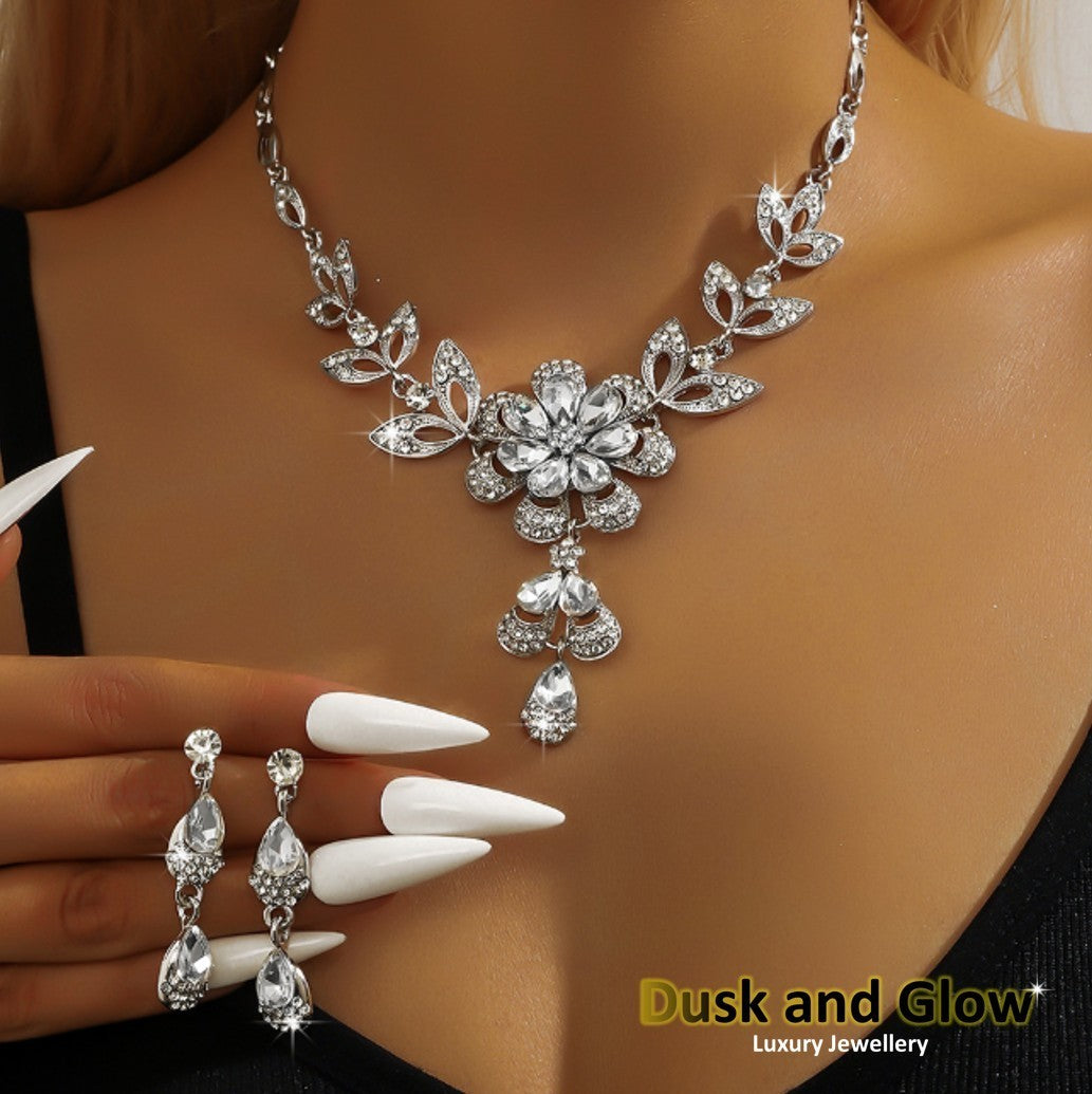 Women Silver Wedding Jewellery Set Necklace Earrings Bridal Ladies lady Gift UK2