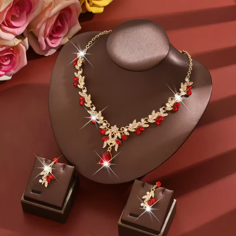 Stunning Red Jewelry Gift Set Necklace Earrings Glass Gems Women Ladies UK NEW3