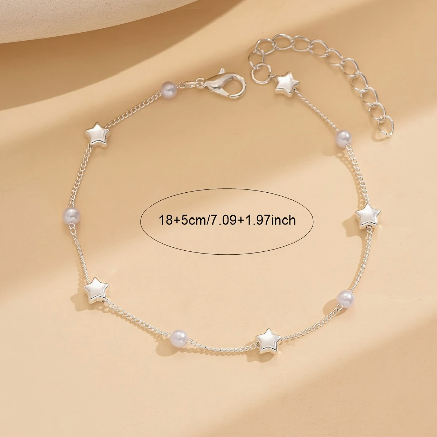 Silver Charm Bracelet Faux Pearl Chain Minimalist Womens Girls Jewellery Gift UK4