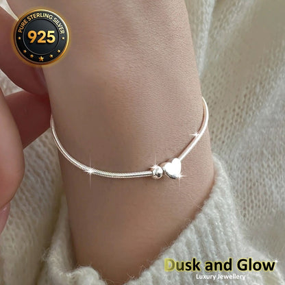 Solid 925 Sterling Silver Heart Charm Snake Bracelet Luxury Women Gift UK NEW2