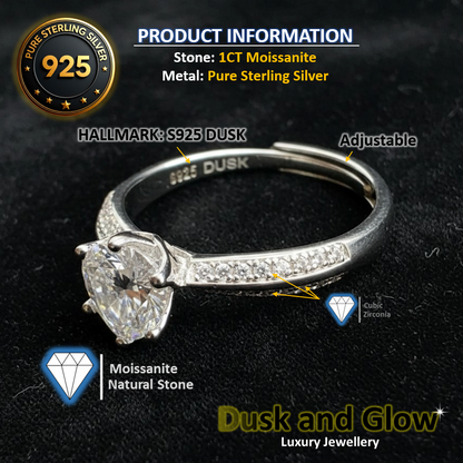 DUSK AND GLOW 1ct Moissanite Ring Wedding Engagement 925 Sterling Silver UK NEW3