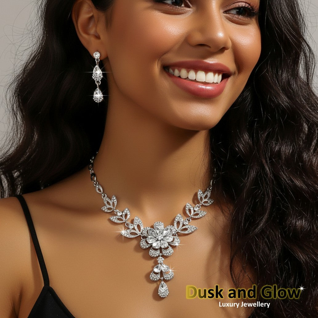 Women Silver Wedding Jewellery Set Necklace Earrings Bridal Ladies lady Gift UK1