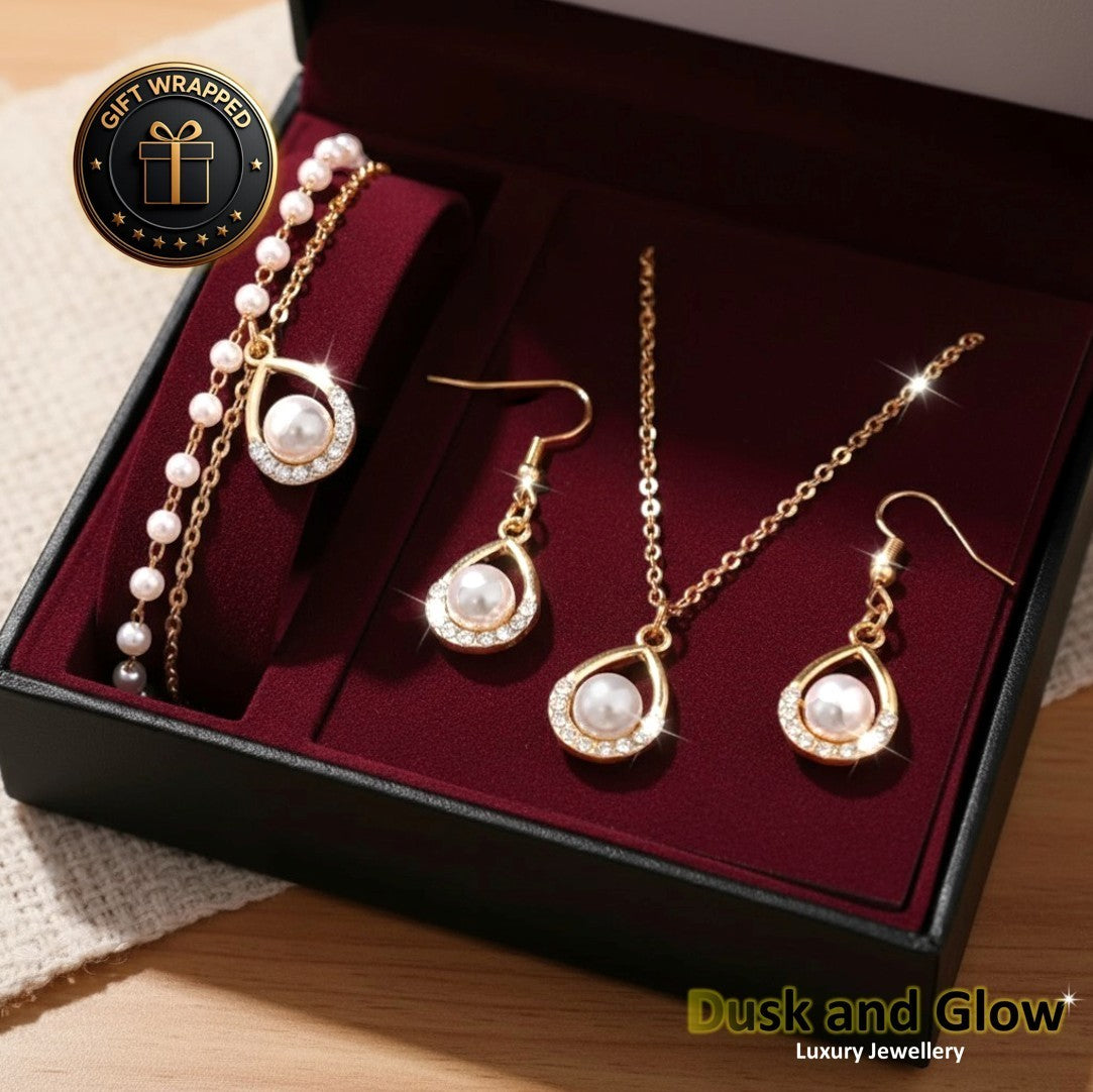 Women Faux Pearl Jewelry Set Necklace Drop Earrings Bracelet Ladies Wedding Gift0