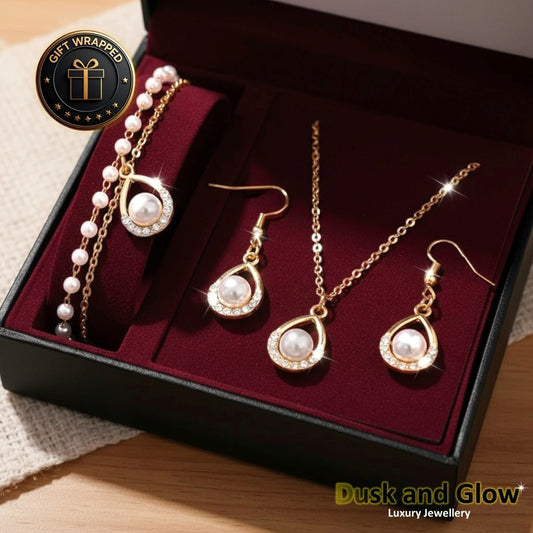 Women Faux Pearl Jewelry Set Necklace Drop Earrings Bracelet Ladies Wedding Gift0
