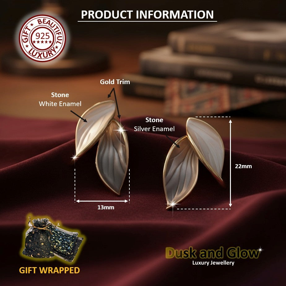 Silver Gold Enamel Dual Leaf Stud Earrings Fashion Evening Party Wedding Gift UK5