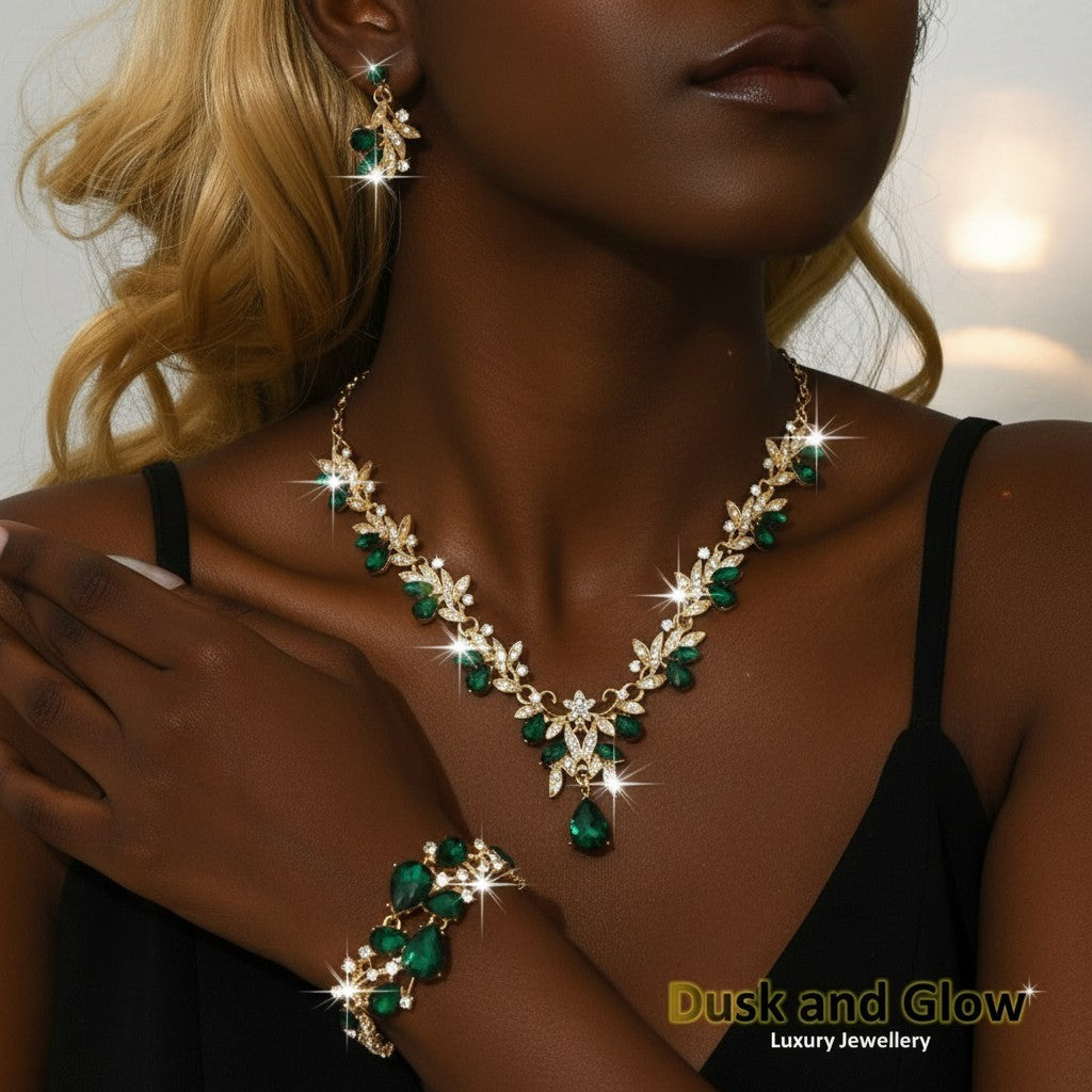 Women Ladies Jewellery Gift Set Necklace Earrings Green Rhine Stone UK BRAND NEW1