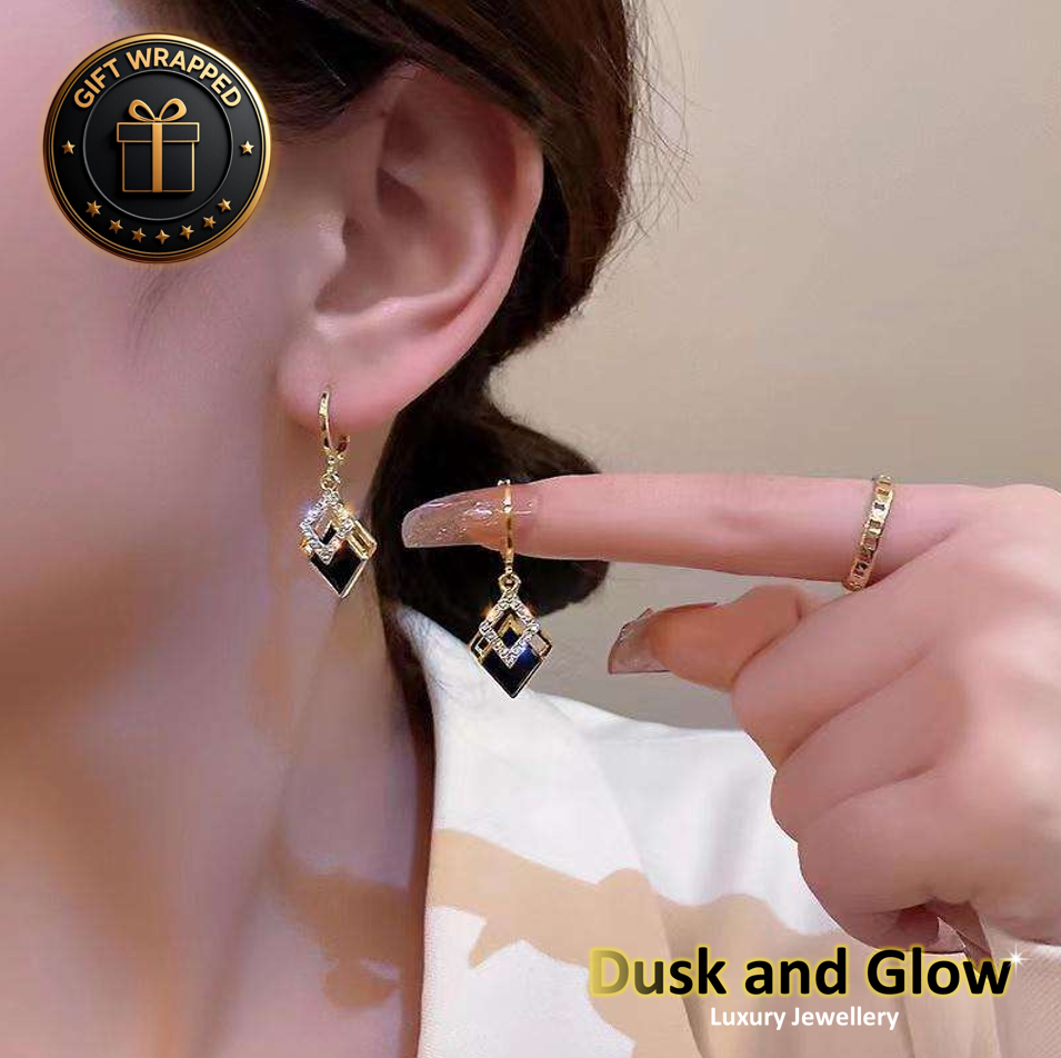 Gold Black CZ Dangle Drop Earrings Pendant Ladies Girls Jewellery Gift UK NEW2