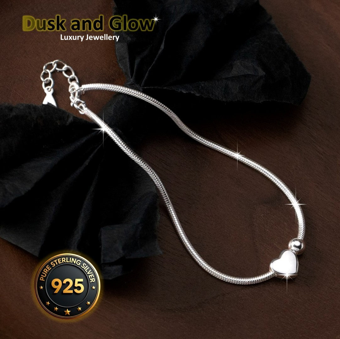 Solid 925 Sterling Silver Heart Charm Snake Bracelet Luxury Women Gift UK NEW0