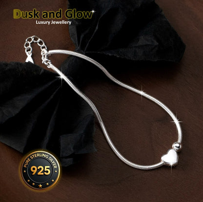 Solid 925 Sterling Silver Heart Charm Snake Bracelet Luxury Women Gift UK NEW0