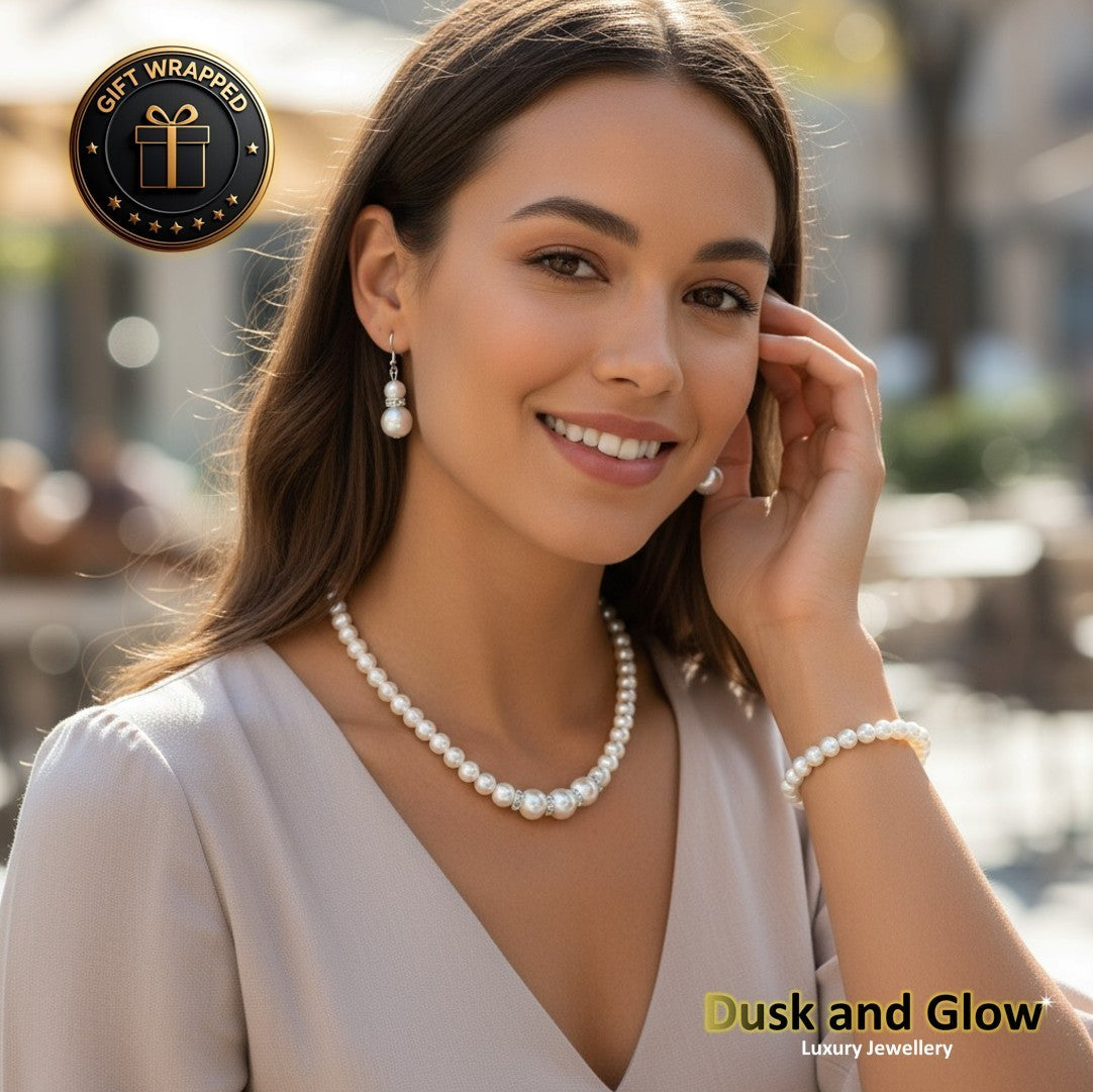 UK Women Ladies Faux Pearl Jewelry Necklace Bracelet Earrings Set Wedding Gift2