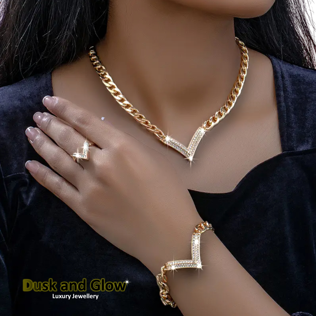 UK Women Ladies Gold Fashion Jewelry Gift Set Necklace Bracelet Earring Ring NEW0