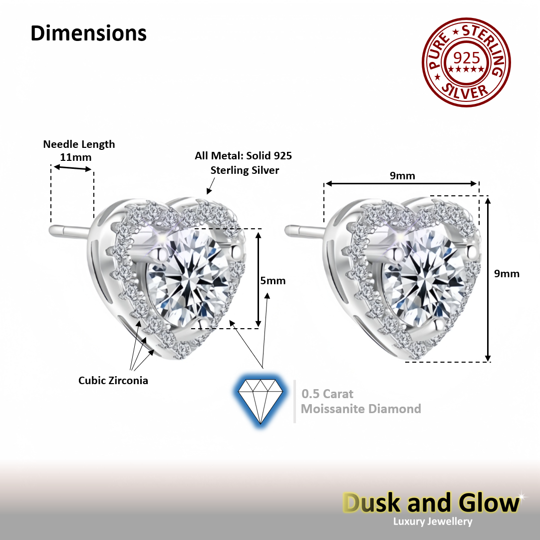 0.5 Carat Moissanite Stone Heart Stud Earrings Solid 925 Sterling Silver Gift UK5