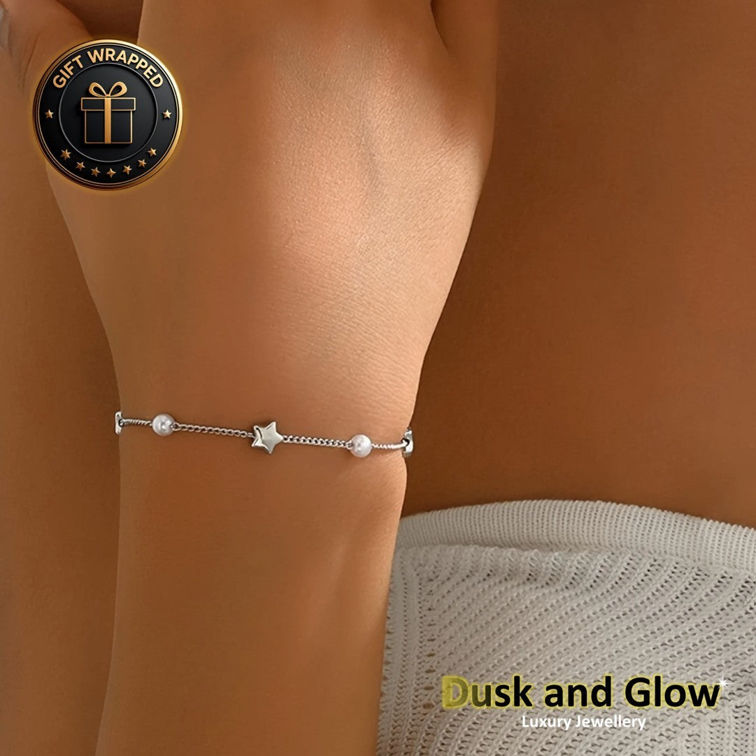 Silver Charm Bracelet Faux Pearl Chain Minimalist Womens Girls Jewellery Gift UK1