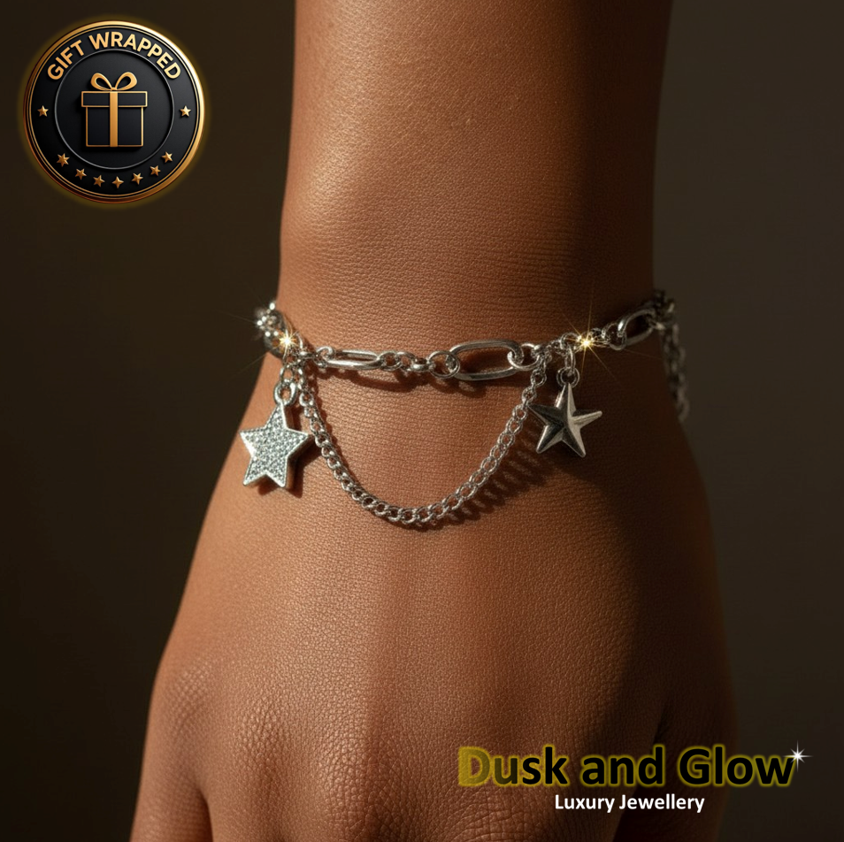 Silver Star Charm Bracelet CZ Waterproof Women Ladys Girls Jewellery Gift NEW UK2