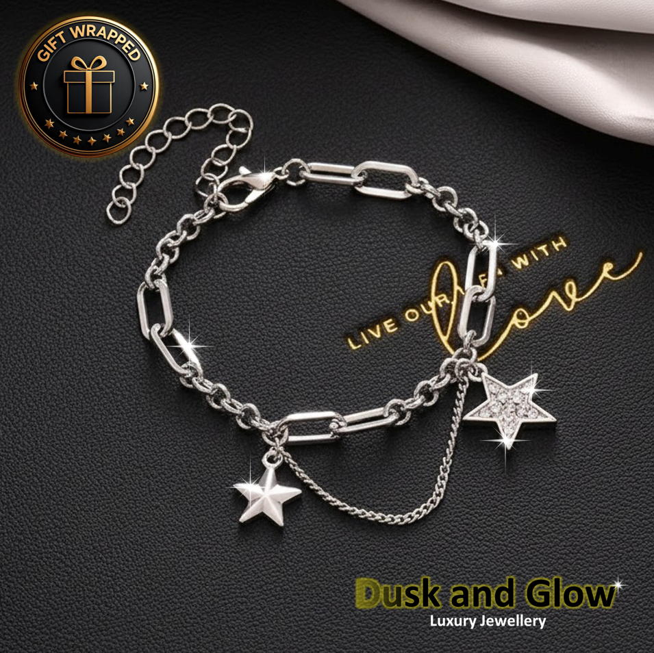 Silver Star Charm Bracelet CZ Waterproof Women Ladys Girls Jewellery Gift NEW UK0