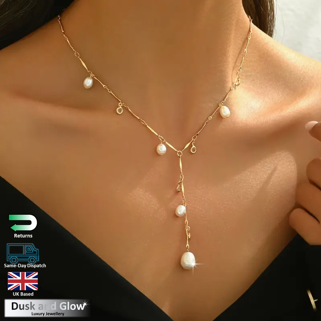 18K Gold Plated Freshwater Pearl Necklace Chain Link Design Women Jewellery Gift0
