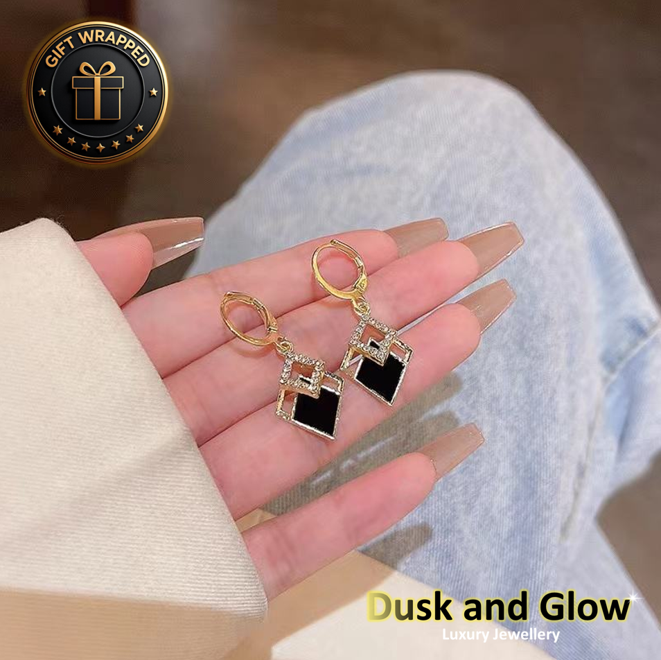 Gold Black CZ Dangle Drop Earrings Pendant Ladies Girls Jewellery Gift UK NEW3