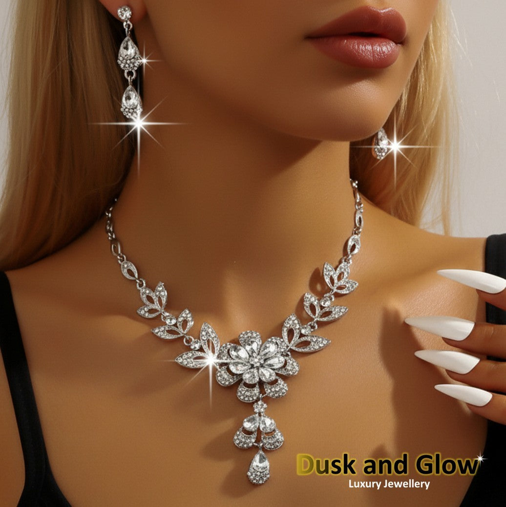 Women Silver Wedding Jewellery Set Necklace Earrings Bridal Ladies lady Gift UK0