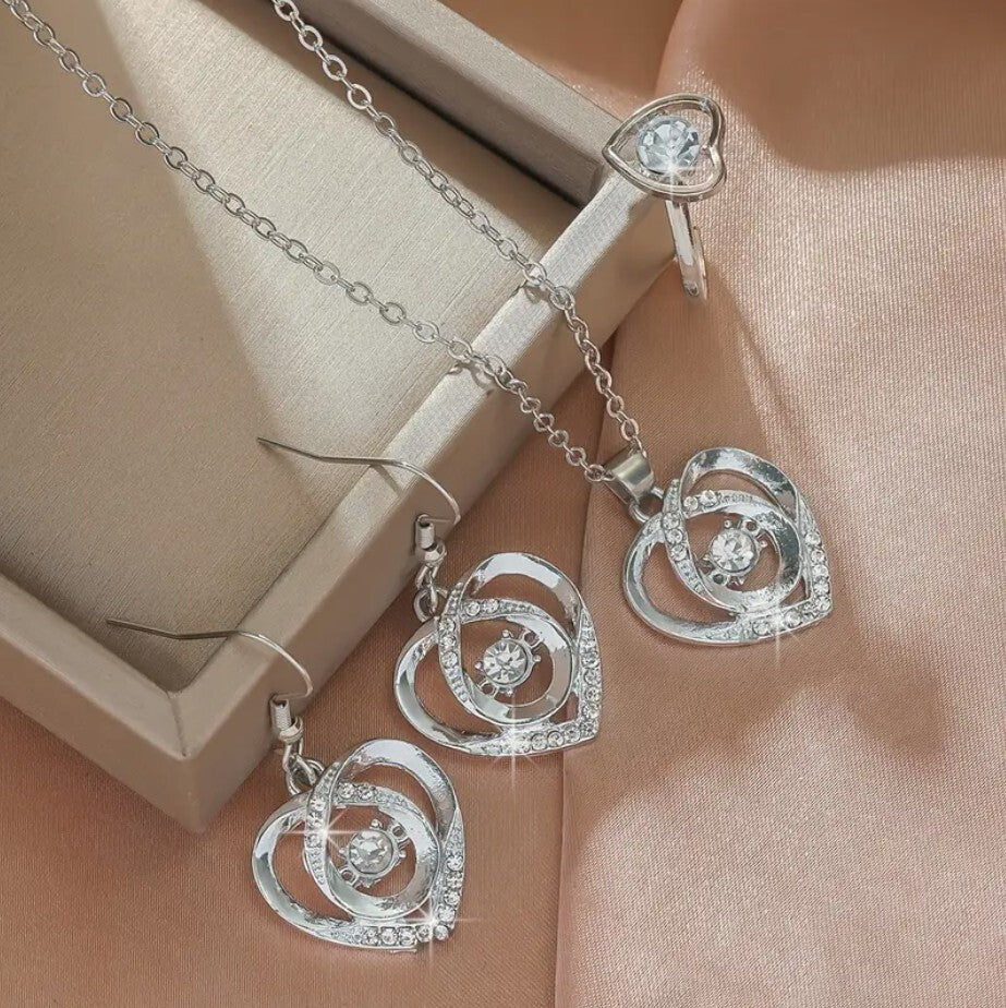 Love Heart Womens Jewellery Gift Set 4PC Necklace Drop Earrings Ring Wedding UK0