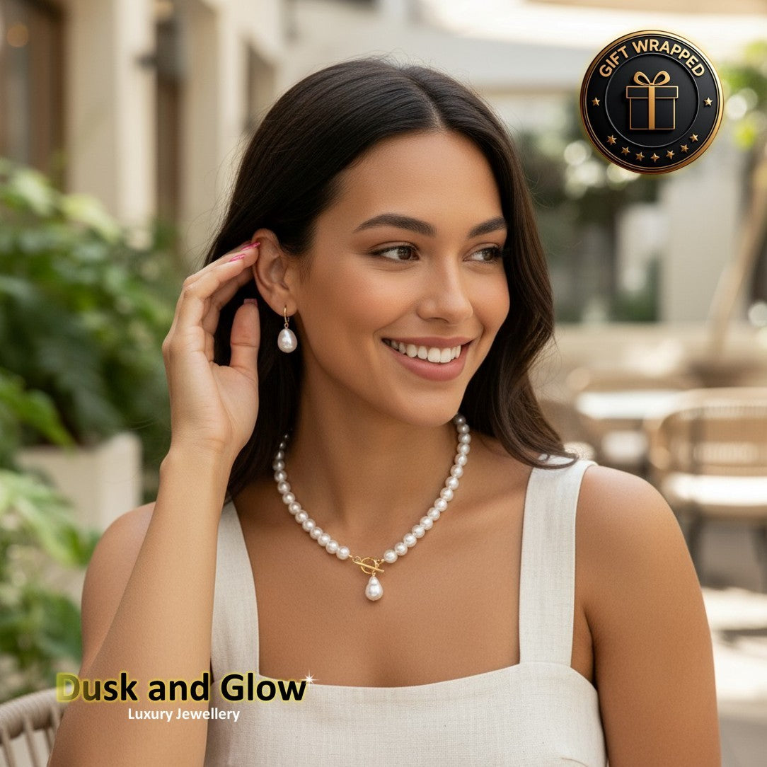 UK Women Ladies Faux Pearl Jewelry Necklace Drop Hoop Earrings Set Wedding Gift2