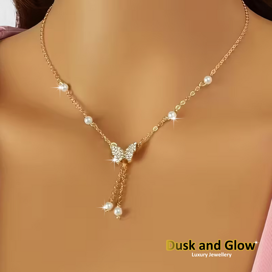 Faux Stone Pearl Necklace Cubic Zirconia Butterfly Charm Women Ladies Gift UK0