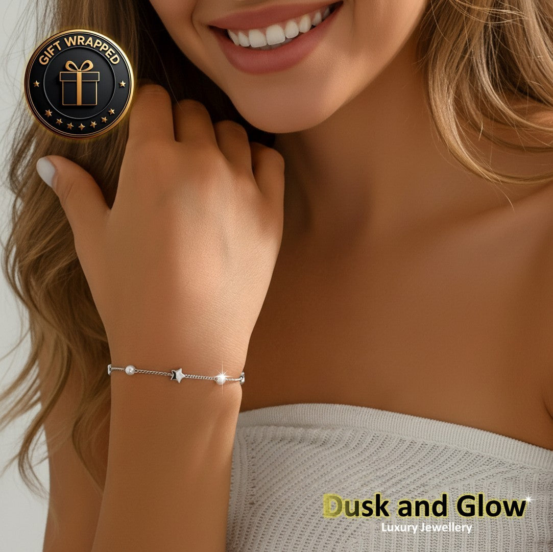 Silver Charm Bracelet Faux Pearl Chain Minimalist Womens Girls Jewellery Gift UK2