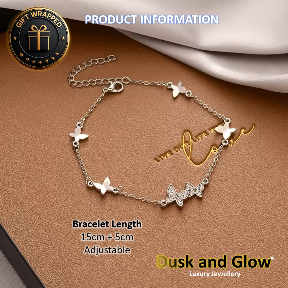 Silver Butterfly Charm Bracelet Cubic Zirconia Women Girls Jewellery Gift NEW UK3