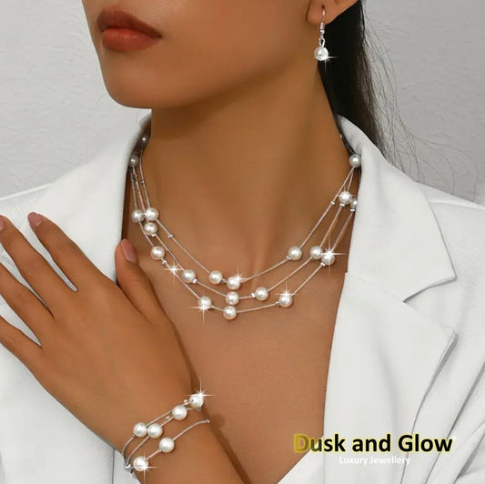 Women Faux Pearl Jewelry Set Necklace Drop Earrings Bracelet Ladies Wedding Gift0