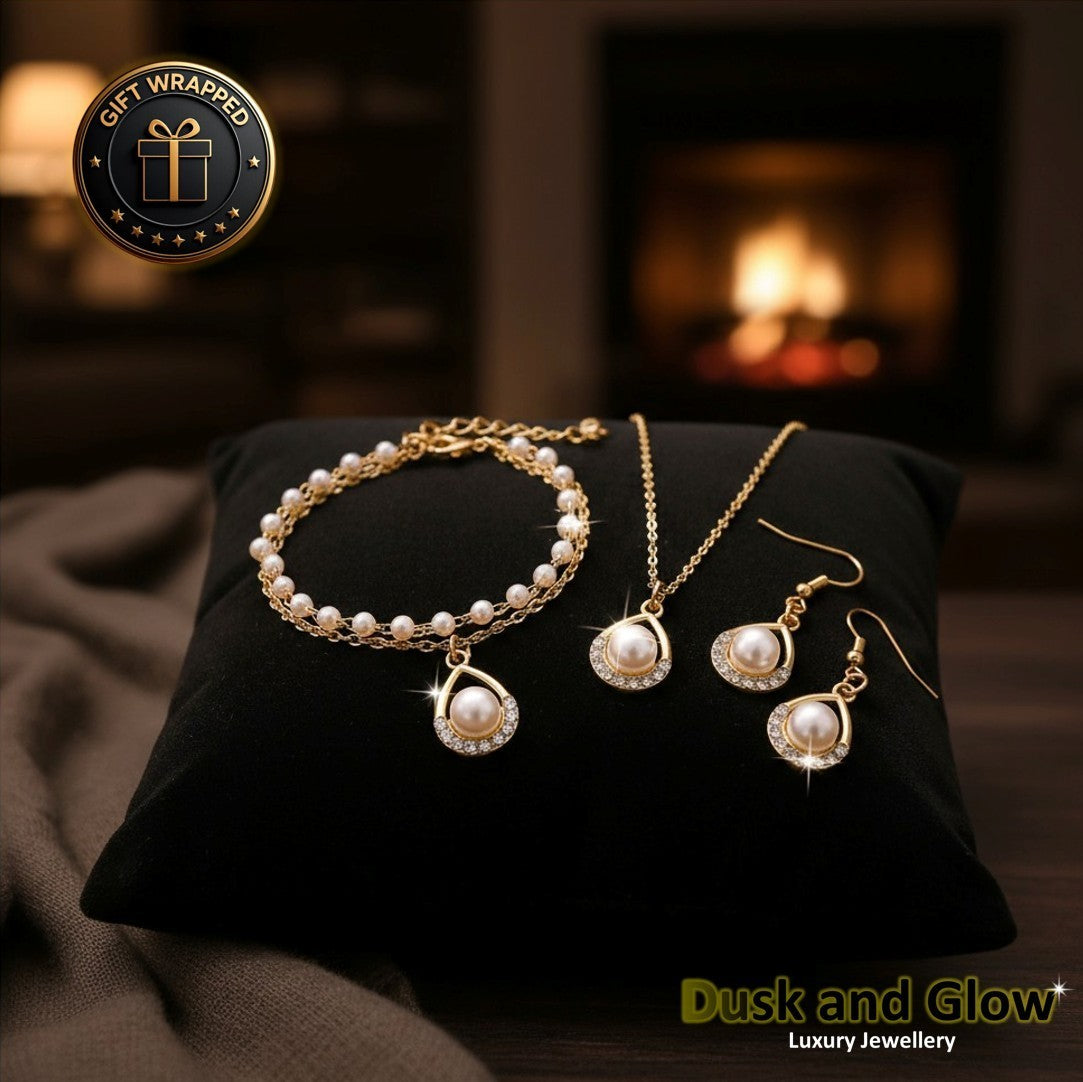 Women Faux Pearl Jewelry Set Necklace Drop Earrings Bracelet Ladies Wedding Gift1