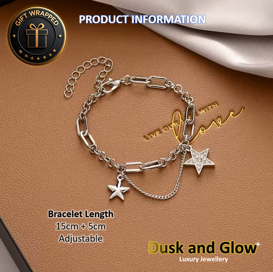 Silver Star Charm Bracelet CZ Waterproof Women Ladys Girls Jewellery Gift NEW UK3