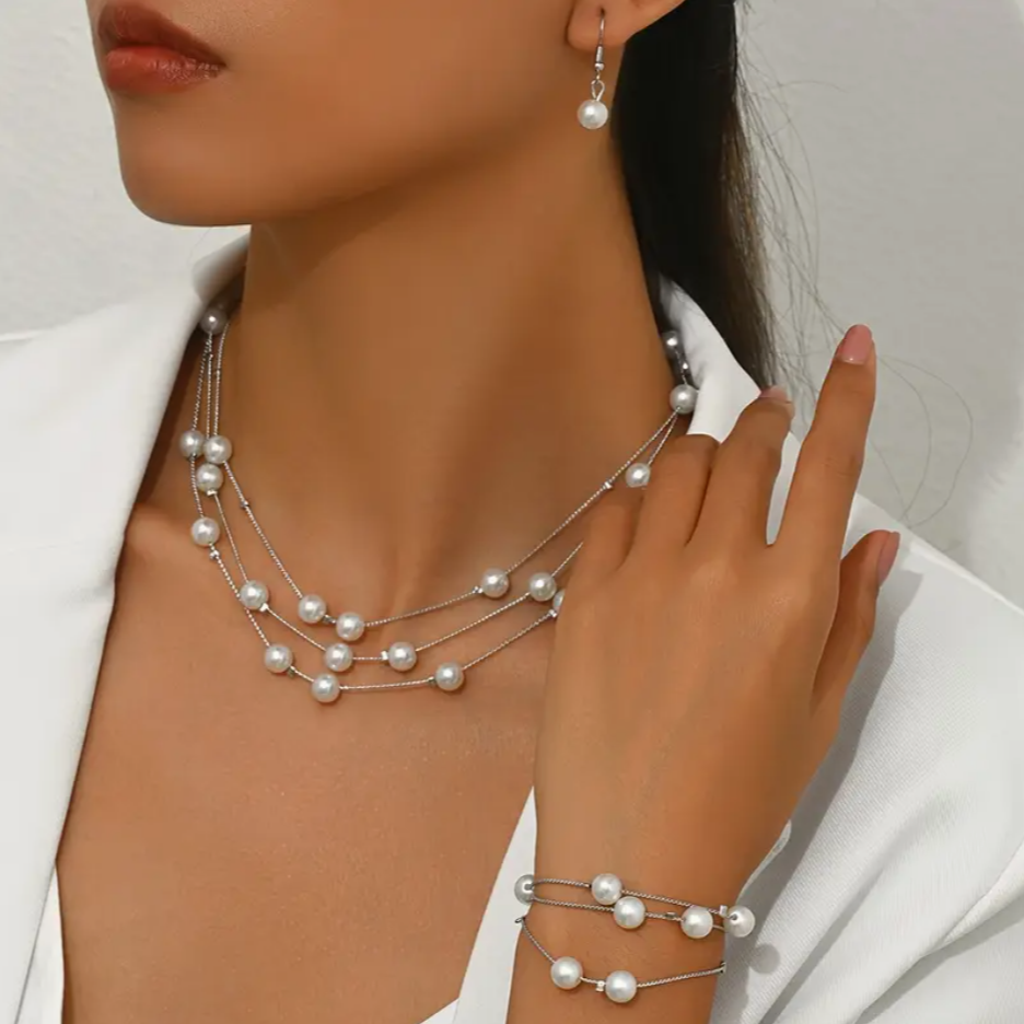 Women Faux Pearl Jewelry Set Necklace Drop Earrings Bracelet Ladies Wedding Gift3