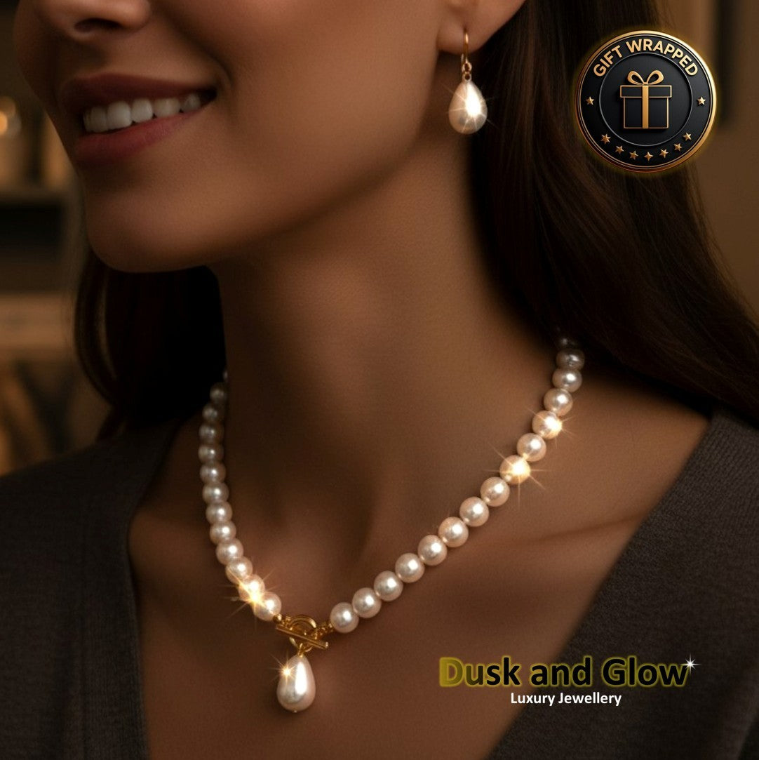 UK Women Ladies Faux Pearl Jewelry Necklace Drop Hoop Earrings Set Wedding Gift0