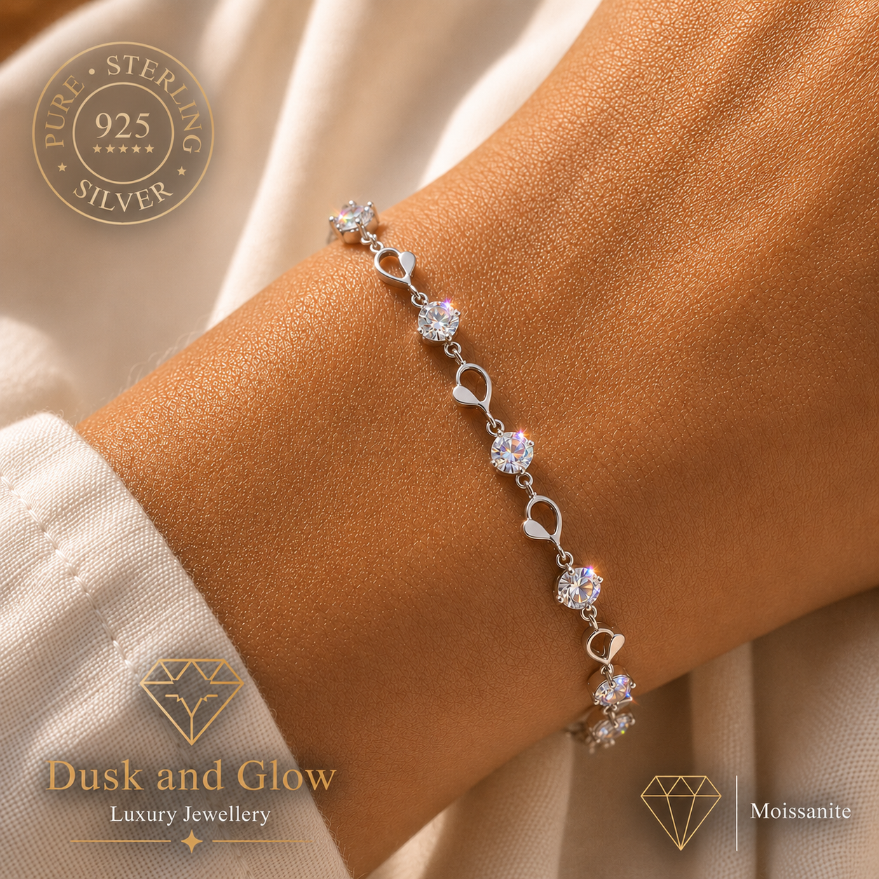 4ct Moissanite Silver Heart Charm Bracelet
