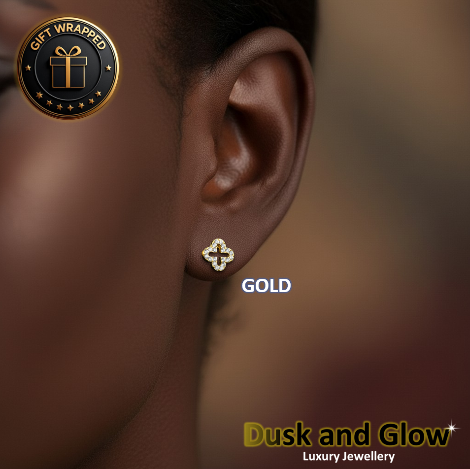 Gold Clover Flower CZ Stud Earrings
