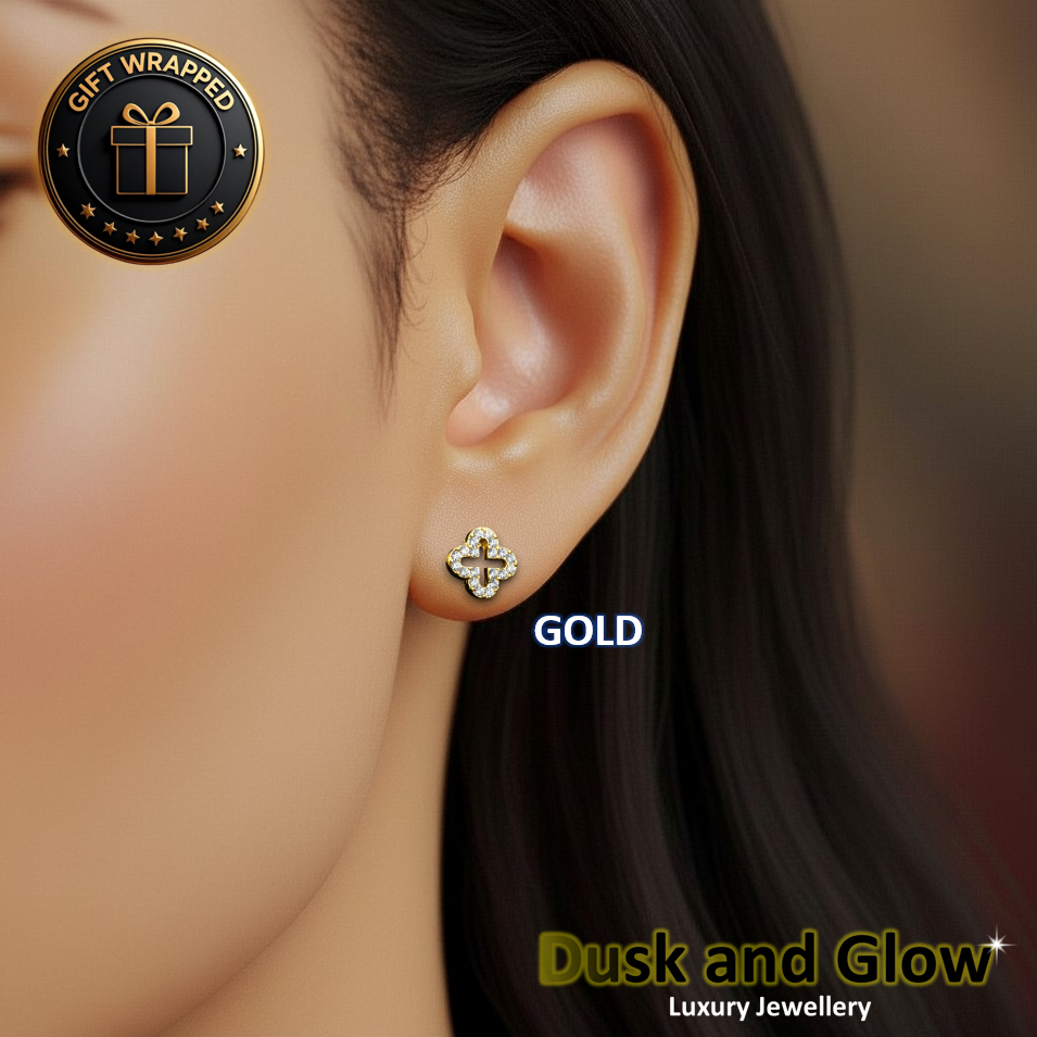 Gold Clover Flower CZ Stud Earrings
