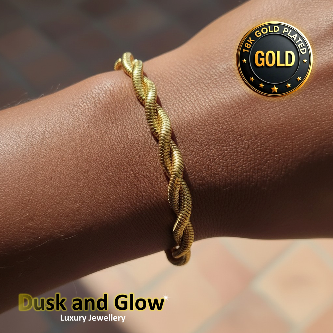 Elegant Gold Twisted Snake Bracelet Luxury 18K Plated Herringbone Detail Design