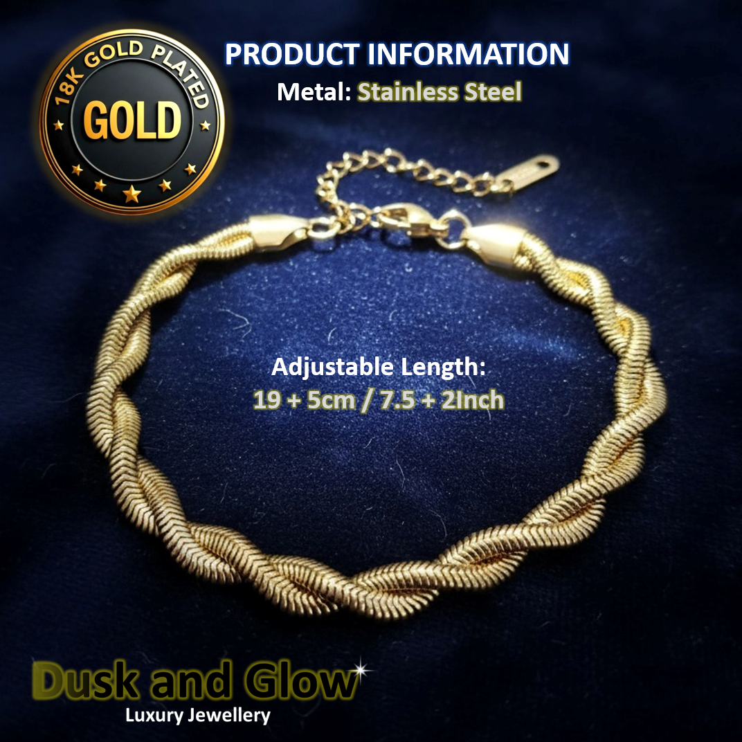 Elegant Gold Twisted Snake Bracelet Luxury 18K Plated Herringbone Detail Design